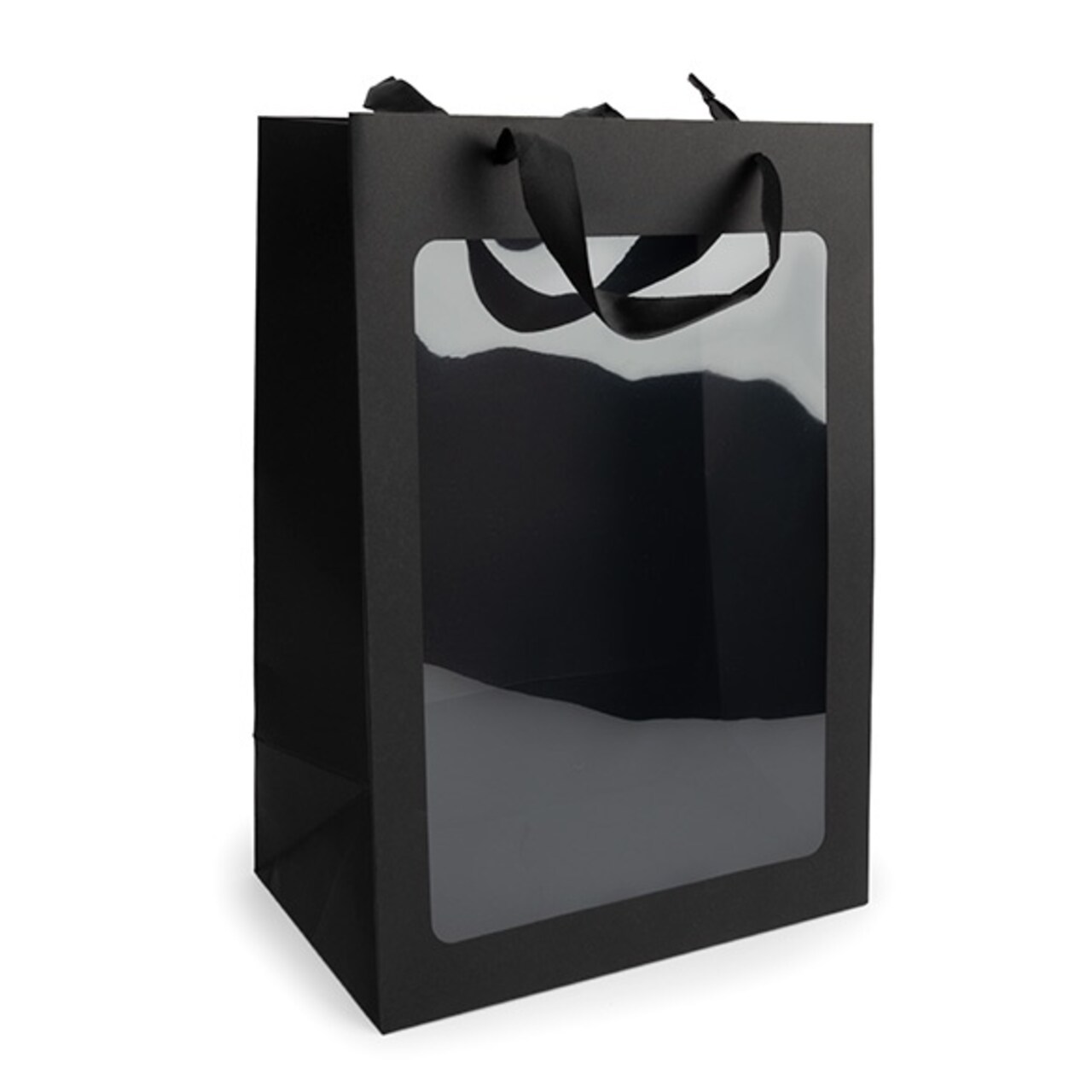 9 13/16" x 6" x 13 13/16" Black Gift Merchandise Bag w/ Window